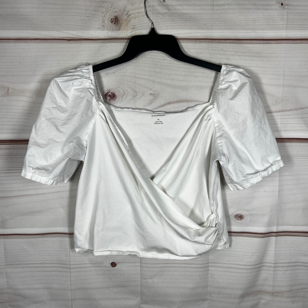 By Anthropologie Wrap Top Women XL White Solid Puff Sleeve Cotton Cropped Knit